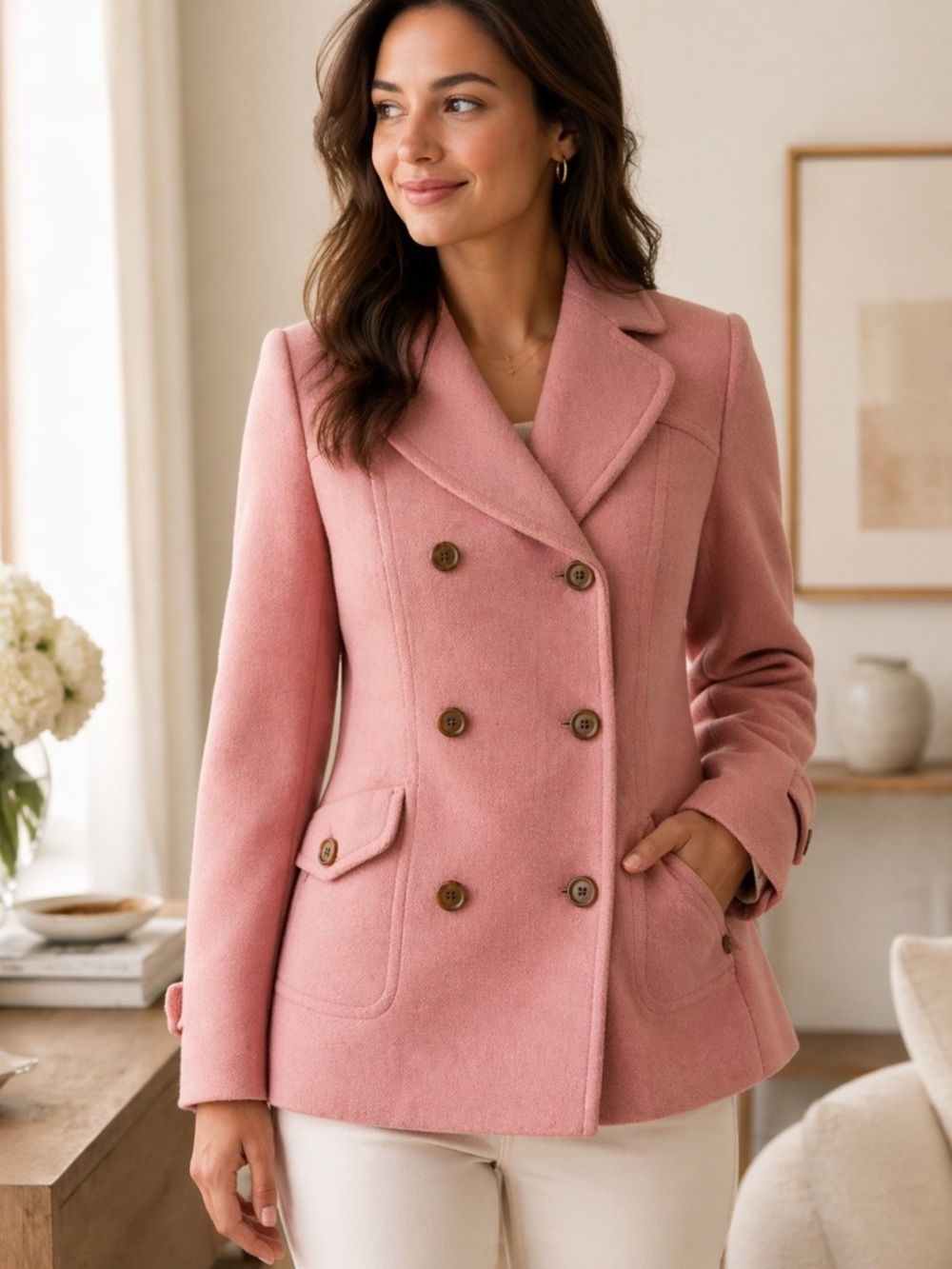 Pink Wool Blend Double Breasted Peacoat Jacket Women’s Small Classic Coat